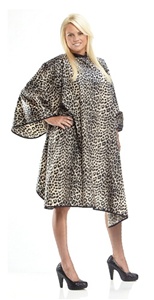 BeautyLove Catwalk Hair Cutting cape, stain, bleach, water resistant.  Silky polyester nylon large 
cheetah print cape, snap neck.