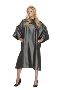 BeautyLove Big Flirt Chemical cape, water proof large snap neck cape.  Chemical cape for the salon client.  Sliver grey shimmer water proof cape.